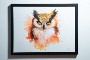 Autumn Owl - Original Gouache Painting (Framed)