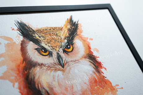 Autumn Owl - Original Gouache Painting (Framed)