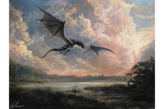 Dragon above Swamp - Framed Acrylic painting