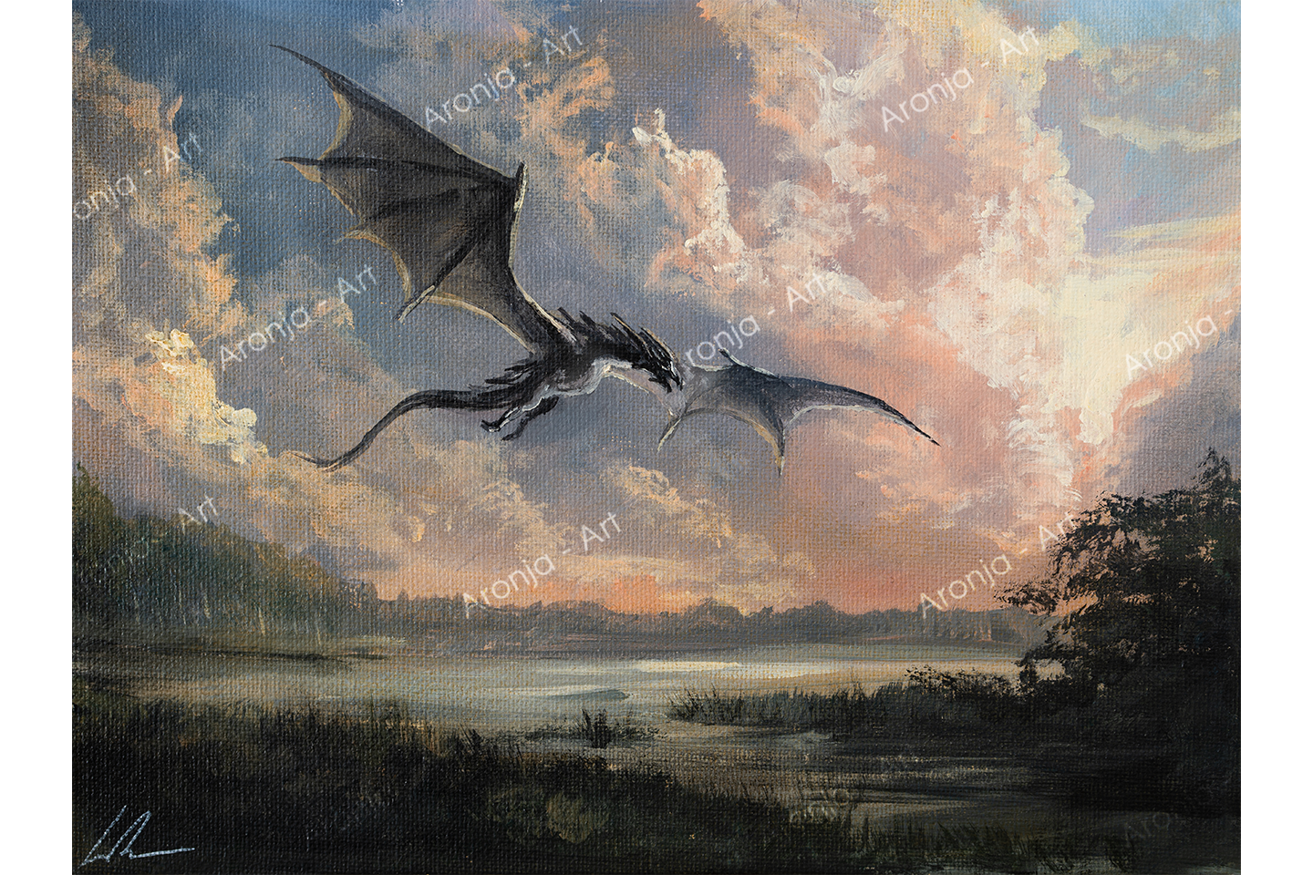 Dragon above Swamp - Framed Acrylic painting